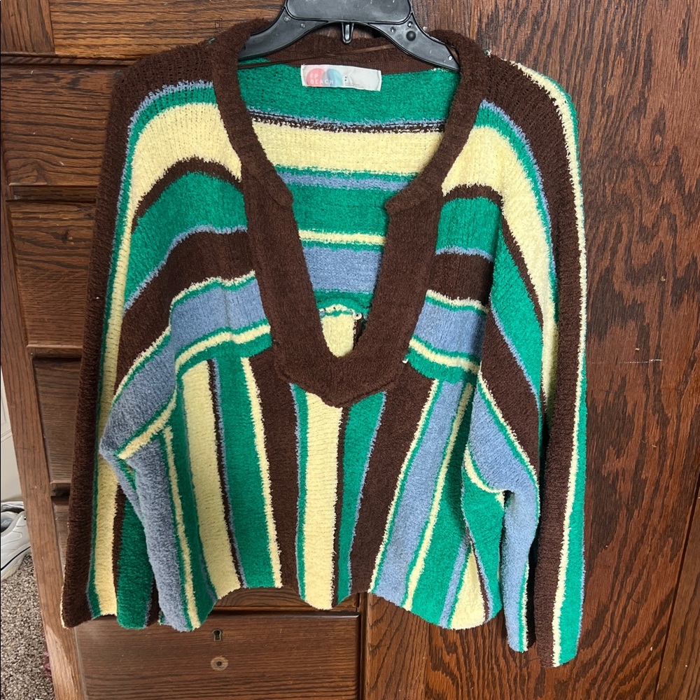Free People V-Neck Sweater in Green, Blue, Yellow, and Brown